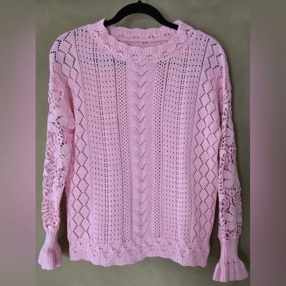 Unbranded Pink Crochet Knit Sweater with Lace Sleeves, Size XS (Oversized) - Picture 2 of 7